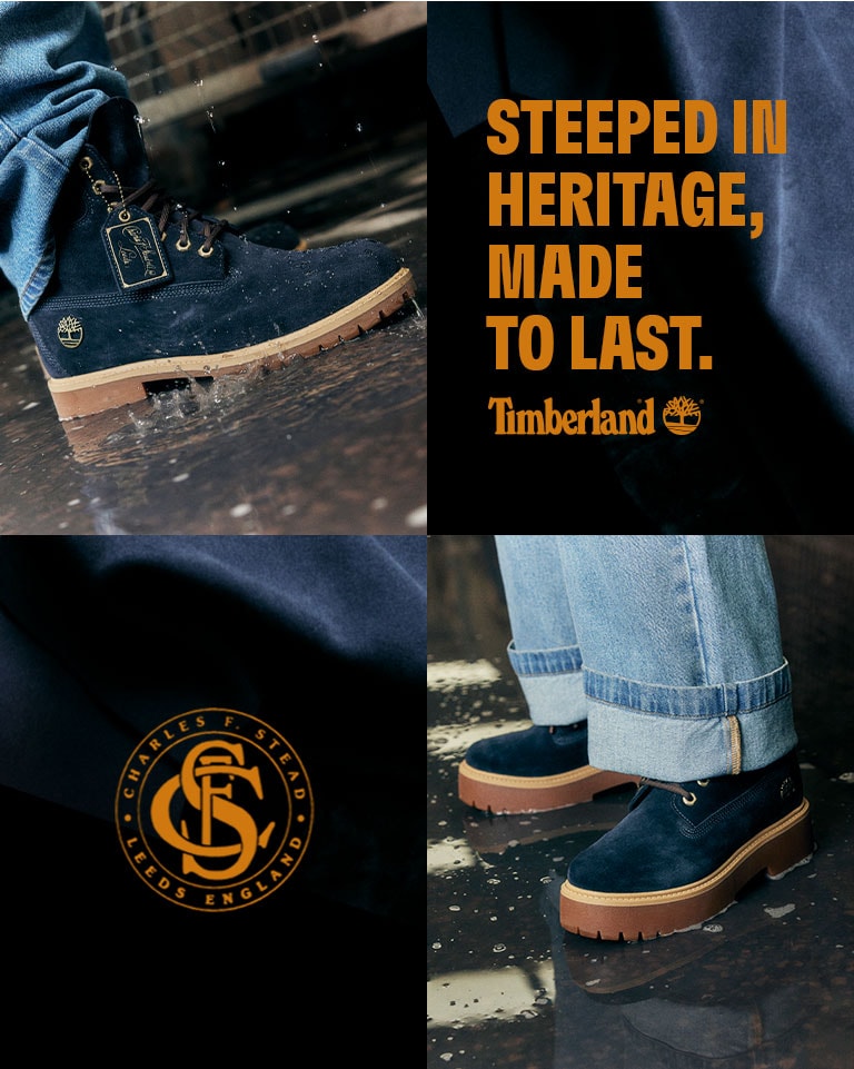 Image collage showing two closeups of people from the ankle down wearing jeans and dark blue boots from the Timberland Indigo Suede collection, both standing outside on asphalt on a rainy day. A logo from the C.F. Stead leather tannery is also featured.